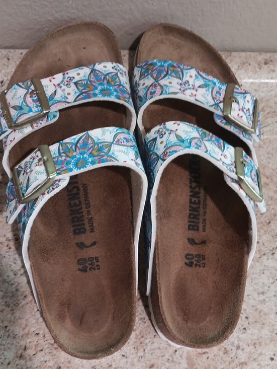 Birkenstock Shoes - Birkenstock Arizona Floral Boho Print White Teal Sandals W-9